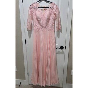 Pink Lace & Chiffon Long Dress With 3/4 Sleeves Pleated Skirt & Floral Embroider